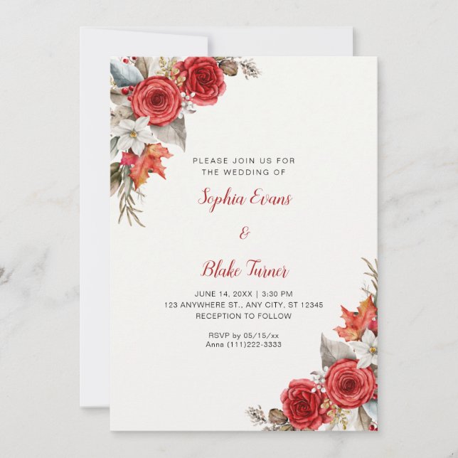 Convite Casamento Branco com Rosas Vermelhas Rústicas Eleg (Frente)