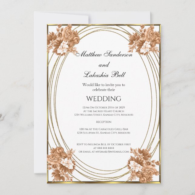 Convite Casamento Branco Cores de Outono Flores Dourado (Frente)