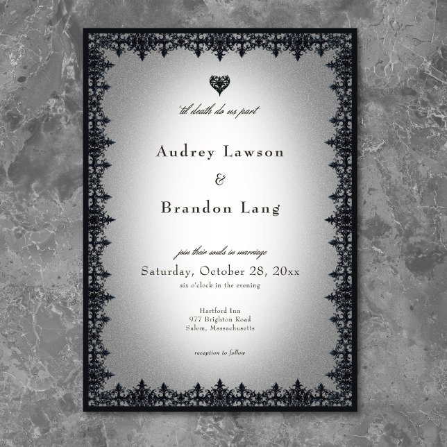 Convite Casamento Branco da Fronteira Gótica Vitoriana (Victorian Gothic Iron Border White Wedding Invitation)