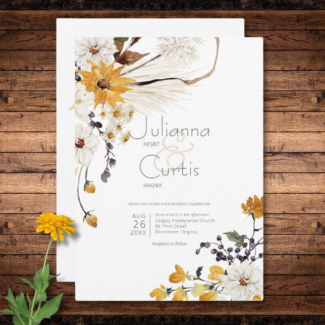 Convite Casamento Branco das Flores Amarelas do Ouro Boho (Boho Golden Yellow Meadow Flowers White Wedding Invitation)