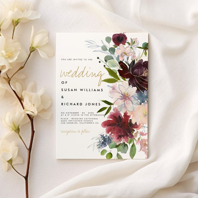 Convite Casamento branco de buquê de flor de ouro rosa-cla (Burgundy pink gold flower bouquet white wedding)