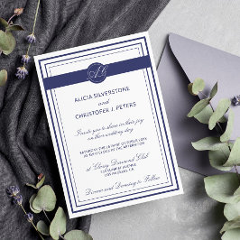 Convite Casamento Branco de Marinho Elegante Clássico
