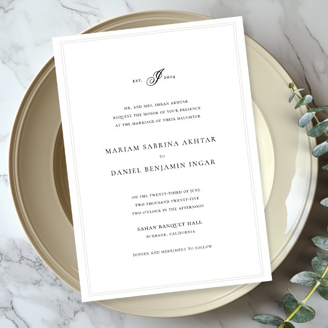 Convite Casamento Branco De Monograma Simples Elegante (Criador carregado)