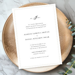 Convite Casamento Branco De Monograma Simples Elegante