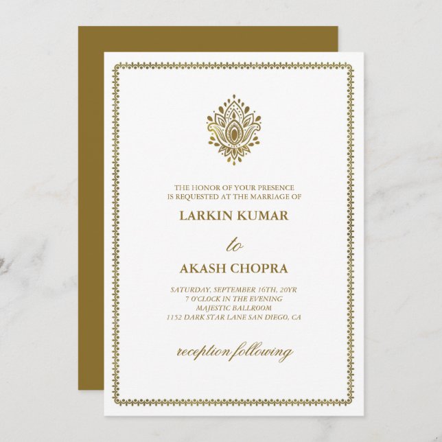 Convite Casamento Branco de Paisley, Ouro Elegante (Frente/Verso)