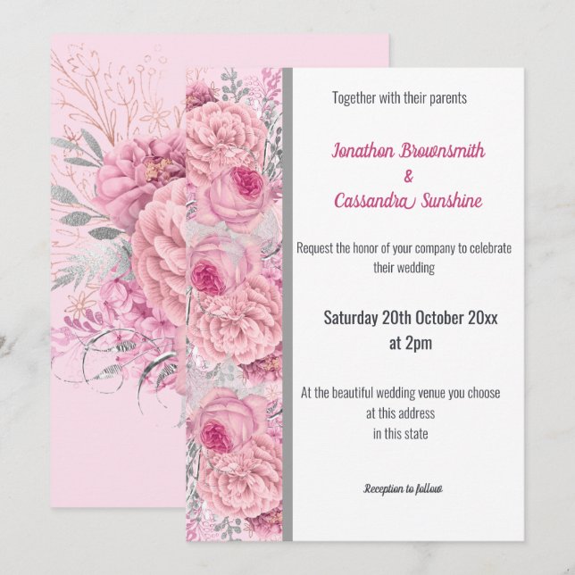 CONVITE CASAMENTO BRANCO DE PINCO DE ROSA FLORAL TRIM (Frente/Verso)
