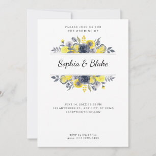 Convite Casamento Branco de Quadro Floral Amarelo e Azul
