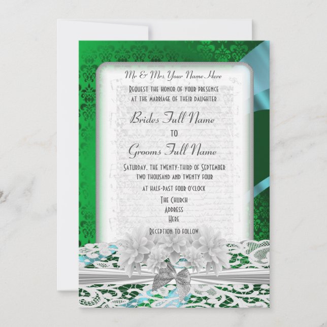 Convite Casamento branco de renda verde (Frente)