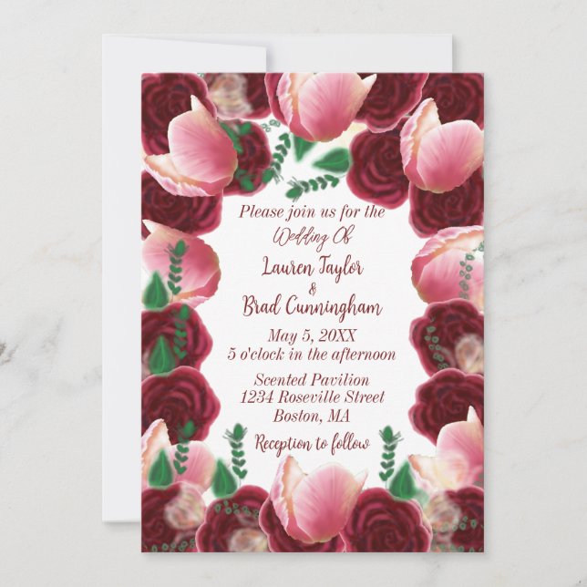 Convite Casamento Branco de Rosa Burgundy & Blush Pink Ele (Frente)