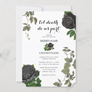 Convite Casamento Branco de Rosas Negras do Halloween Góti