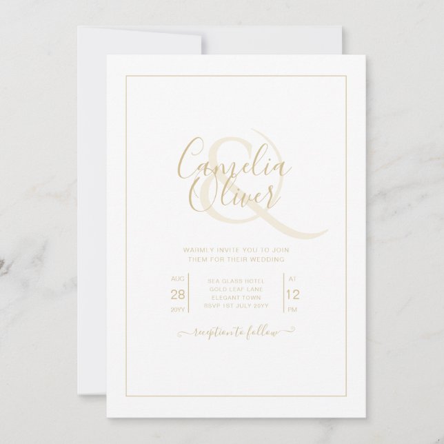Convite Casamento branco de texto Dourado clássico multifu (Frente)