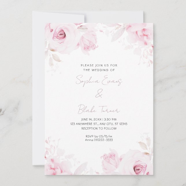 Convite Casamento Branco de Verão de Rosas Rosa Românticas (Frente)