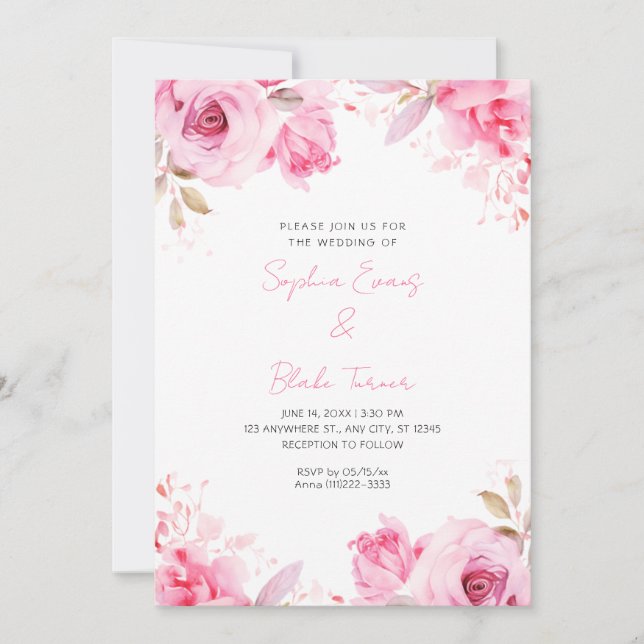 Convite Casamento Branco de Verão de Rosas Rosa Românticas (Frente)