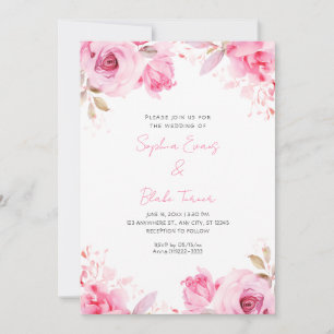 Convite Casamento Branco de Verão de Rosas Rosa Românticas