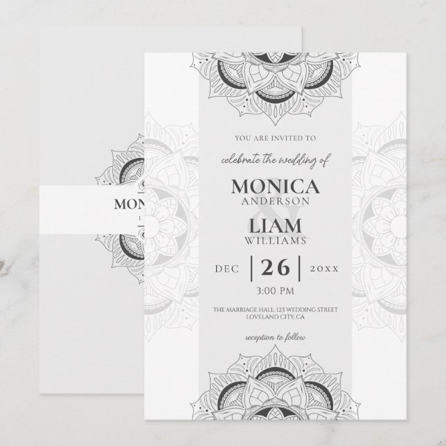 Convite Casamento Branco do Elegante Clássico Boho Mandala (Frente/Verso)