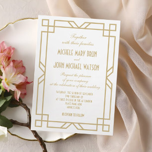 Convite Casamento branco Dourado da arte clássica elegante
