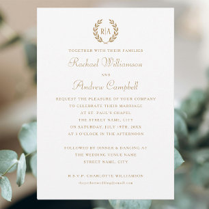 Convite Casamento Branco Dourado de Monograma Elegante Sim
