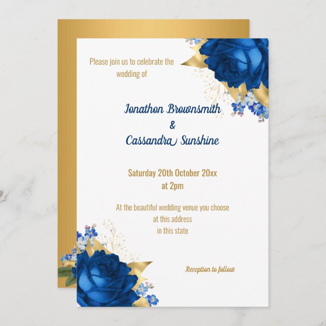 CONVITE CASAMENTO BRANCO DOURADO FLORAL AZUL SIMPLES (Frente/Verso)