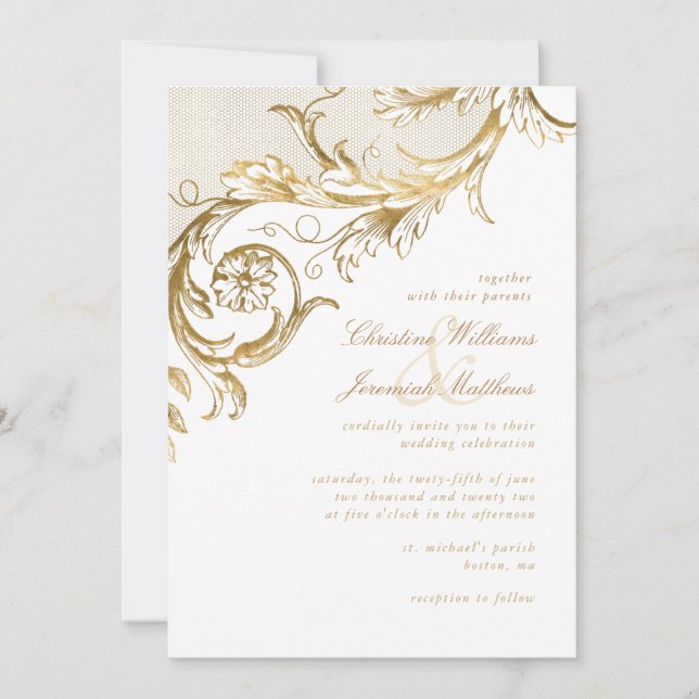 Convite Casamento Branco Dourado Floral Damask Script Vint (Frente)