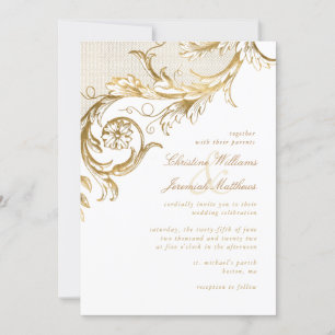 Convite Casamento Branco Dourado Floral Damask Script Vint