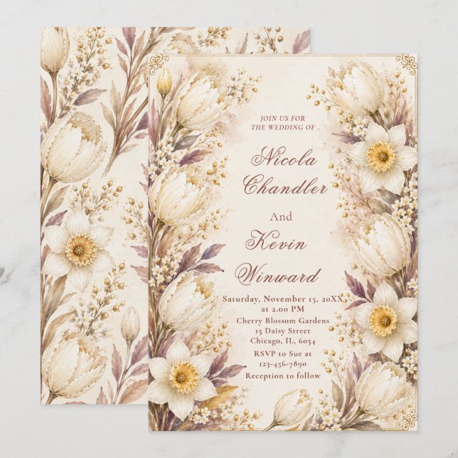 Convite Casamento Branco e Champanhe (Frente/Verso)