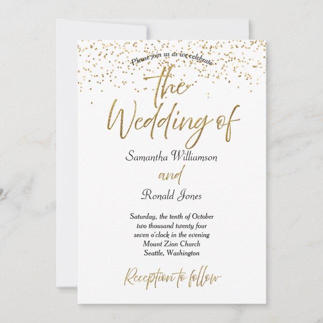 Convite Casamento branco e Dourado com brilho (Frente)