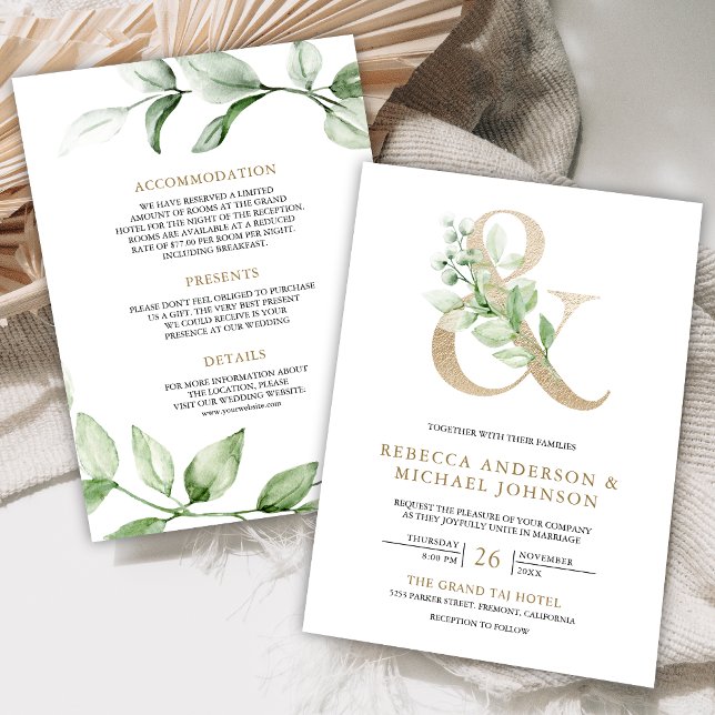 Convite Casamento Branco e Dourado Sage Greenery Ampersand (Criador carregado)