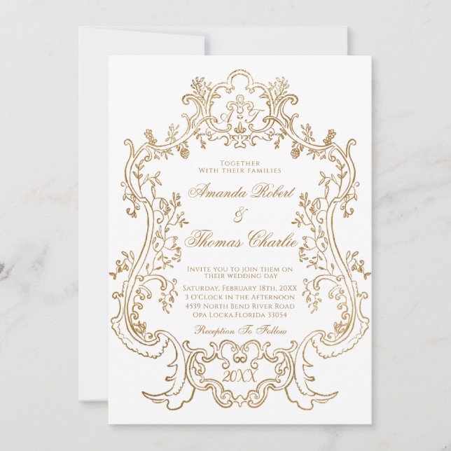 Convite Casamento Branco e Dourado Vitoriano  (Frente)
