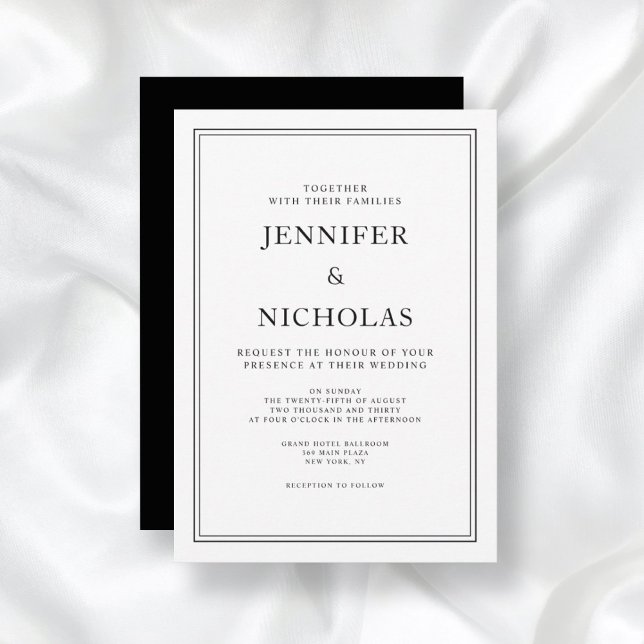 Convite Casamento Branco E Negro Clássico Elegante (Front/ Elegant Classic Formal Black & White Wedding Invitation)
