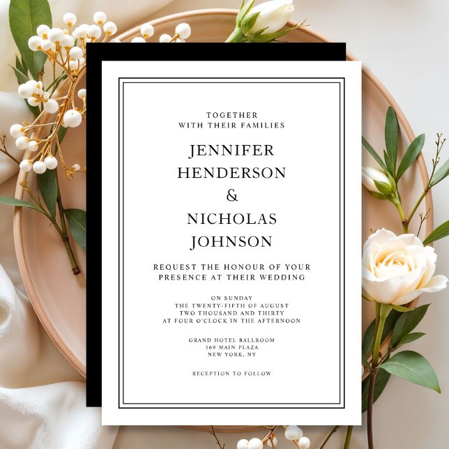Convite Casamento Branco E Preto Clássico Elegante (Elegant Classic Black And White Wedding Invitation)
