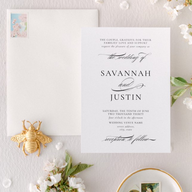 Convite Casamento Branco e Preto Clássico Formal (Designed for weddings where the couple and their parents are hosting the event together)