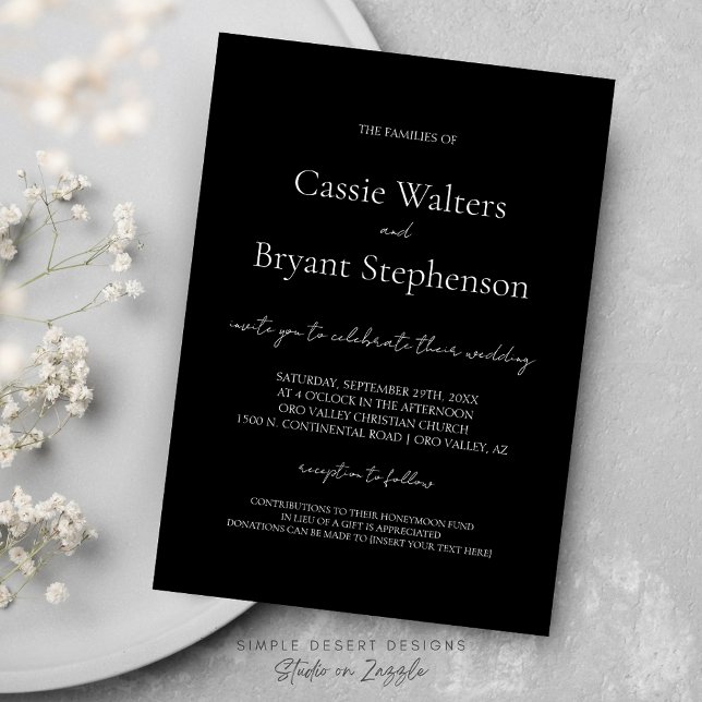 Convite Casamento Branco e Preto com Script Moderno Elegan (Modern Minimalist Elegant Black and White Wedding Invitation with Simple Typography and Calligraphy)