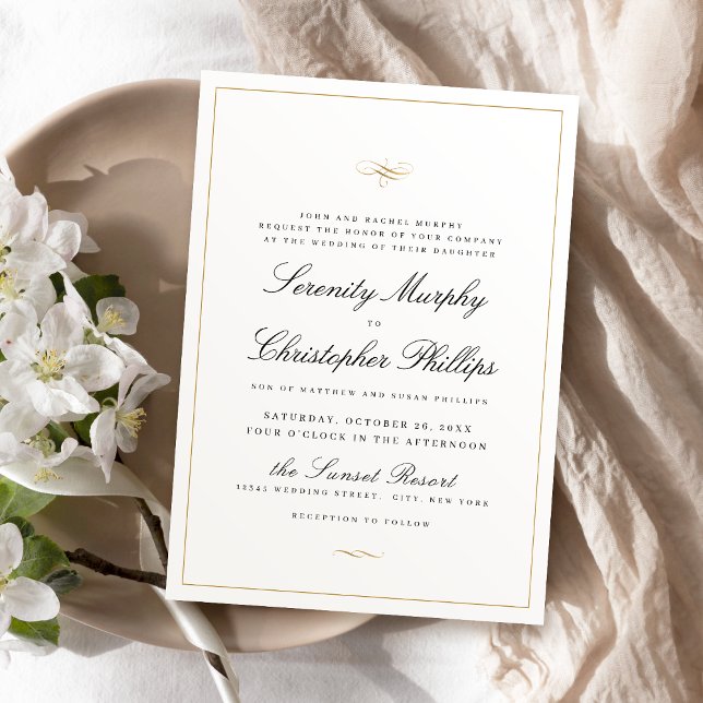 Convite Casamento Branco E Preto Da Elegância Clássica (Classic Elegance Script Black And White Wedding Invitation)