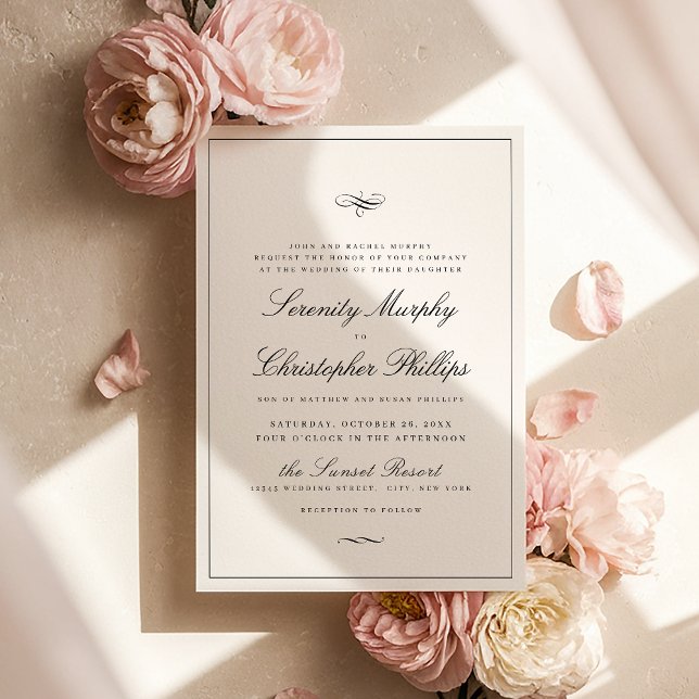 Convite Casamento Branco E Preto Da Elegância Clássica (Classic Elegance Script Black And White Wedding In Invitation)