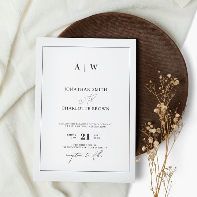 Convite Casamento Branco e Preto do Monograma Clássico (Criador carregado)