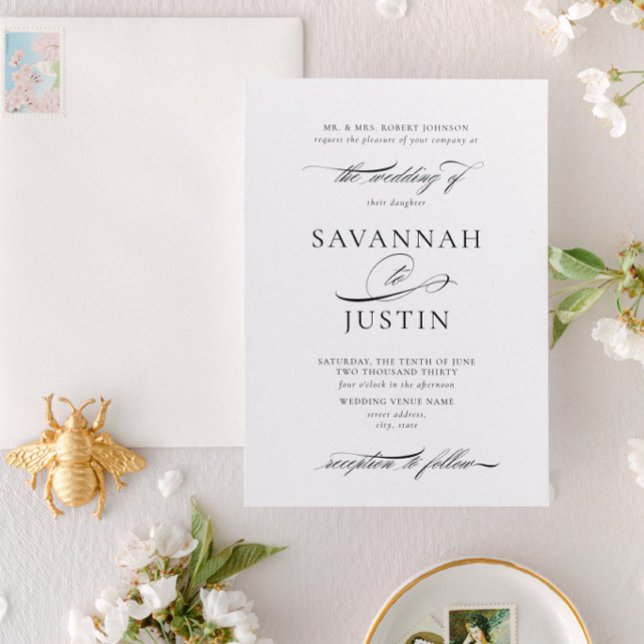 Convite Casamento Branco e Preto Formal Elegante (Designed for weddings where the bride's parents are hosting)