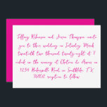 Convite Casamento branco e rosa quente com estilo manuscri<br><div class="desc">Os detalhes do casamento estão listados em um estilo manuscrito,  texto rosa-quente. O verso do convite é um rosa quente sólido com texto branco para a data.</div>