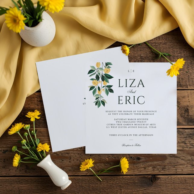 Convite Casamento Branco Elegante De Árvore Floral De Limã (Lemon Blossom Floral Tree Elegant White Wedding Invitation)