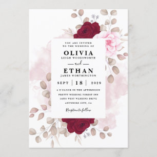 Convite Casamento Branco Elegante Russo Floral Vermelho e 