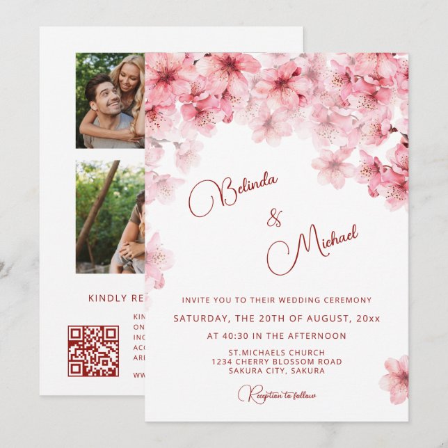 Convite Casamento Branco Flor de Cerejeira (Frente/Verso)