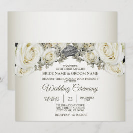 Convite Casamento Branco Flora Verde Beige Moderno Elegant