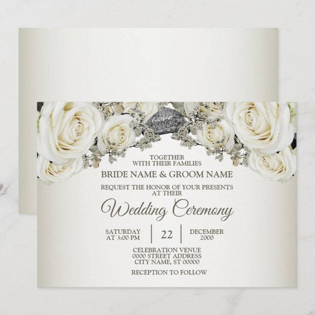 Convite Casamento Branco Flora Verde Beige Moderno Elegant (Frente/Verso)