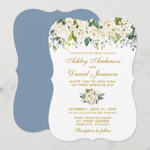 Convite Casamento Branco Floral Azul Dourado
