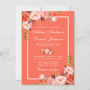 Convite Casamento branco floral coral moderno do quadro