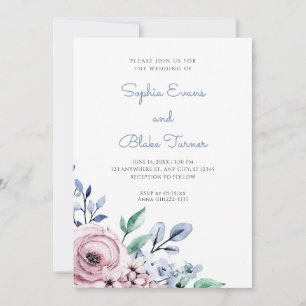Convite Casamento Branco-Floral Elegante-Rosa e Azul