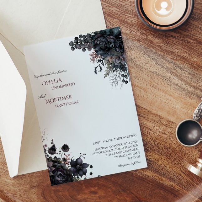 Convite Casamento Branco Floral Gótico Escuro (Criador carregado)