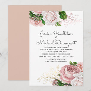 Convite Casamento Branco-Floral Rosa-Rosa Botânico Elegan