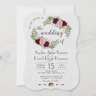 Convite Casamento Branco Floral Rustic Marsala Watercolor