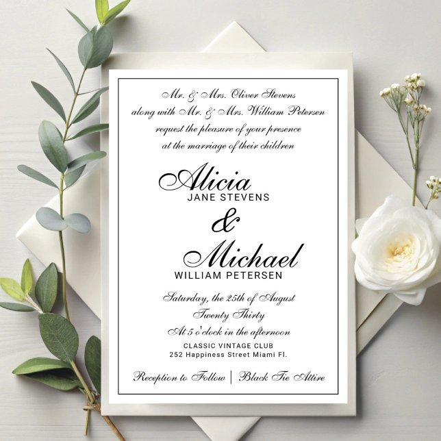 Convite Casamento branco formal clássico tradicional vinta (Criador carregado)