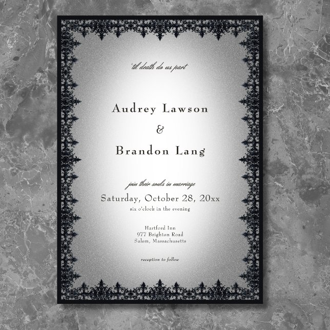Convite Casamento Branco Fronteira de Ferro Gótico Vitoria (Victorian Gothic Iron Border White Wedding Invitation)